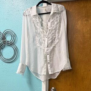 Free People Sheer White Ruffle Blouse